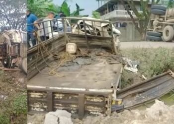 ভয়ংকৰ পথ দুৰ্ঘটনা; চাউল কঢ়িয়াই অনা ট্ৰাকে মহটিয়ালে মেক্স বলেৰ’ পি আপ বাহনক; আহত বাহনৰ চালক, ঘটনাস্থলীৰ পৰা পলায়ন ট্ৰাক চালকৰ