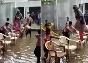 গুৰুৰ নামত কলংক! বৰষুণত আৱদ্ধ হৈ থকা শিক্ষয়িত্ৰীক জলমগ্ন ৰাস্তা পাৰ কৰোৱাবলৈ ছাত্ৰসকলে বনালে চকীৰ দলং; ভাইৰেল হ’ল ভিডিঅ’ আৰু নিলম্বন হ’ল শিক্ষয়িত্ৰী, Watch Viral Video